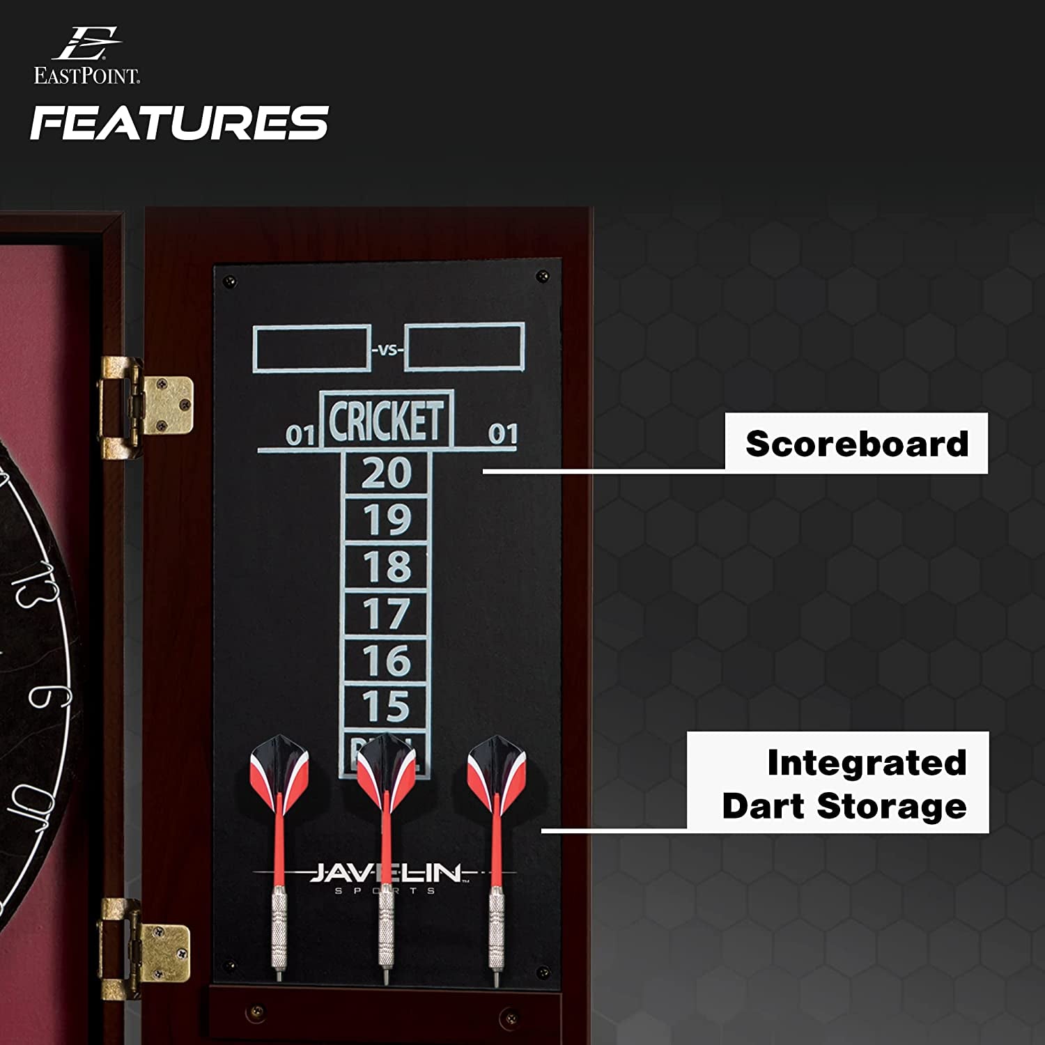 Official Size Dart Board Cabinet Set- Easy-Assembly & Complete with 6 Deluxe Steel Tip Darts and Accessories -Premium Darts Set with Scoreboard for Bar Games & Indoor Games